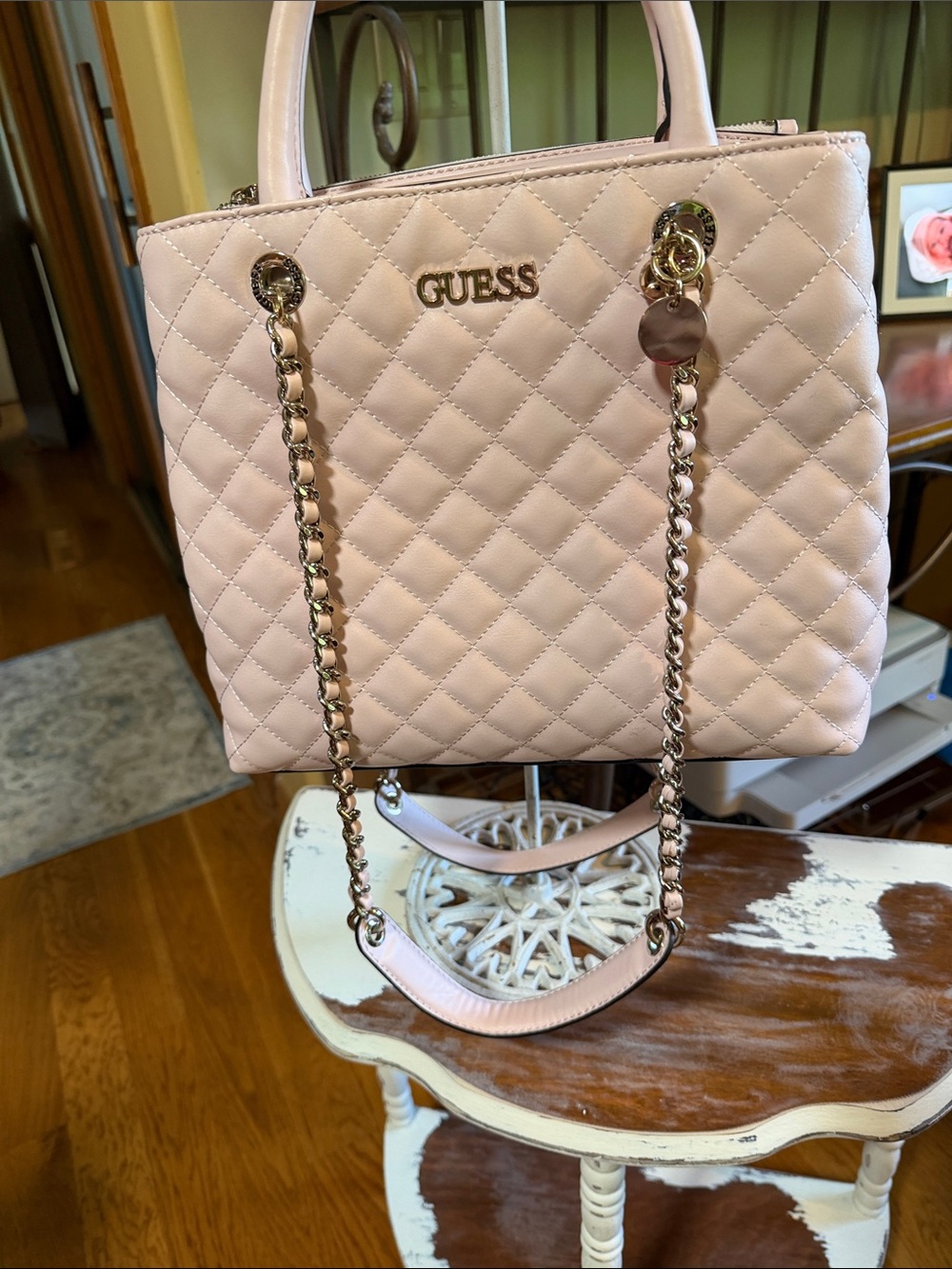 GUESS Quilted Satchel in Pale Pink with Gold Hardware